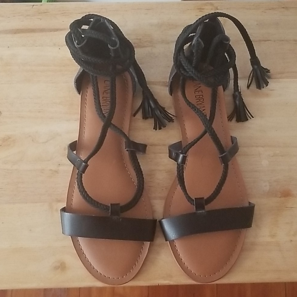 NWT Lane Bryant Black Ankle Wrap Tassel Sandal 10W